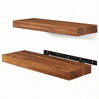 17'' Rustic Floating Wood Shelves Wall Mount with Brackets Hardware 2 pc