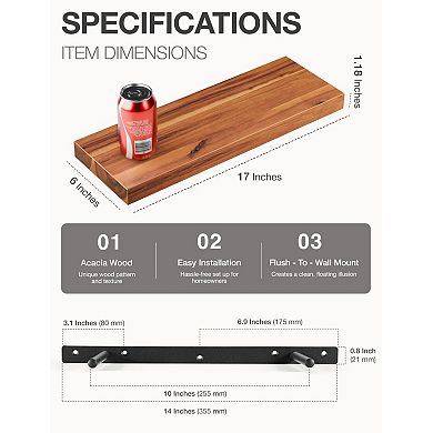 17'' Rustic Floating Wood Shelves Wall Mount with Brackets Hardware 2PC