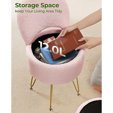 12L Folding Vanity Stool with Storage Faux Fur Padded Seat Metal Feet