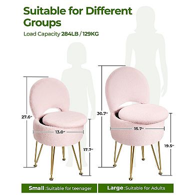 12L Folding Vanity Stool with Storage Faux Fur Padded Seat Metal Feet