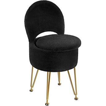 12L Folding Vanity Stool with Storage Faux Fur Padded Seat Metal Feet