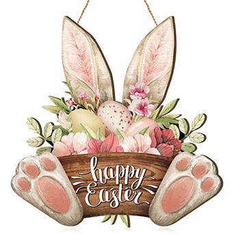 11.8” Easter Bunny Welcome Wood Sign Spring Door Hanging Plaque