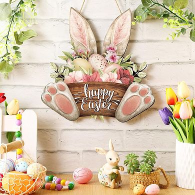 11.8” Easter Bunny Welcome Wood Sign Spring Door Hanging Plaque