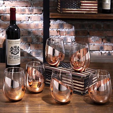 6-18oz Copper Stemless Wine Glasses Metallic Bottom Angled Dishwasher Safe