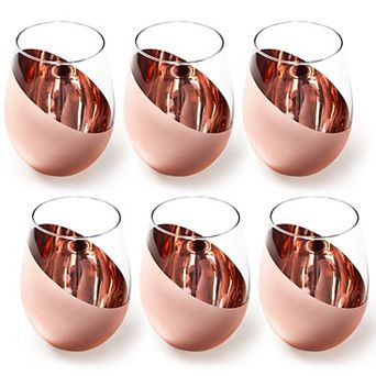 6-18oz Copper Stemless Wine Glasses Metallic Bottom Angled Dishwasher Safe