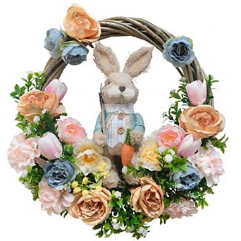 16" Spring Easter Wreath Artificial Bunny Tulips Roses Grapevine Door Decor
