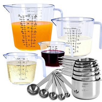 17 pc set stainless steel measuring cups and spoons set, plastic liquid measuring cup