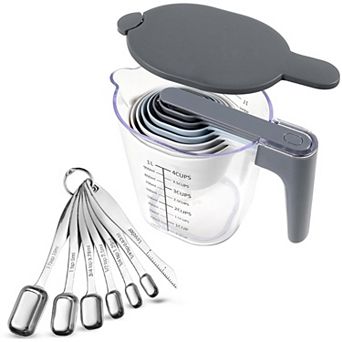 17 pc Measuring Cups Spoons Set Stainless Steel Stackable With Lid Liquid