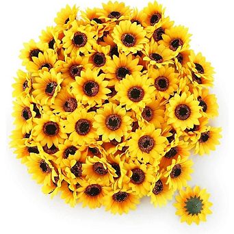 100 pc Mini Realistic Yellow Fabric Sunflower Heads for Crafting Decor.