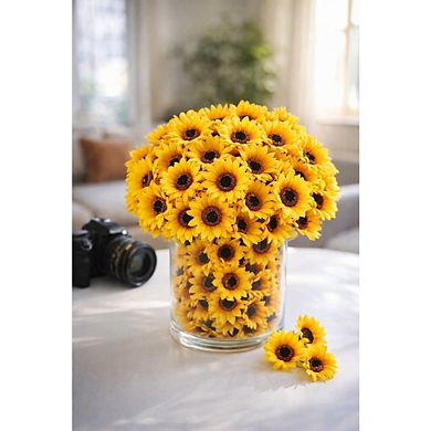 100-Piece Mini Realistic Yellow Fabric Sunflower Heads for Crafting Decor.