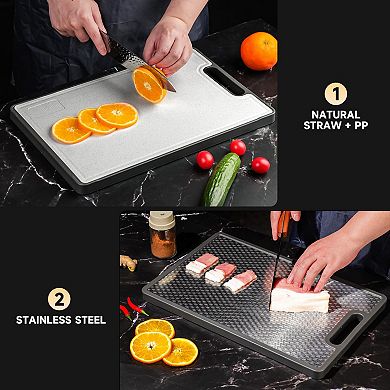 2-in-1 Double Sided Stainless Steel Kitchen Board with Textured Wheat Straw PP