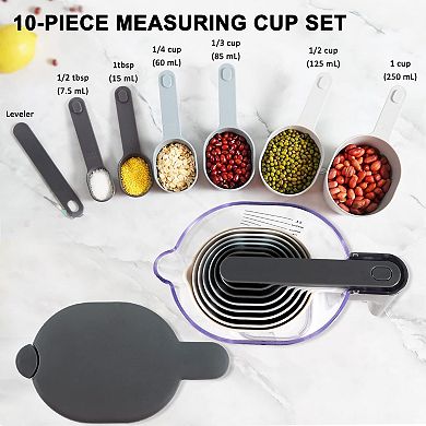11PC Measuring Cups Spoons Set Stackable Cup Lid Adjustable Spoon Liquid Dry BPA Free