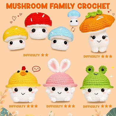 Beginner Crochet Kit, DIY Amigurumi Mushroom Family, Step-by-Step Tutorials