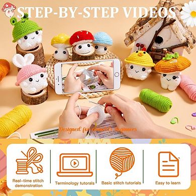 Beginner Crochet Kit, DIY Amigurumi Mushroom Family, Step-by-Step Tutorials