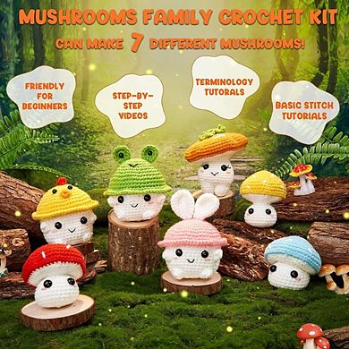 Beginner Crochet Kit, DIY Amigurumi Mushroom Family, Step-by-Step Tutorials