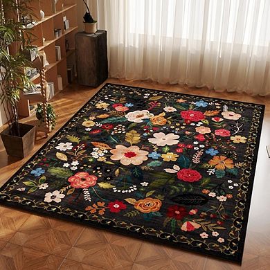 Boho Area Rug Washable, Low Pile, Non-Slip Floral