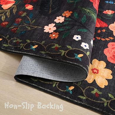 Boho Area Rug Washable, Low Pile, Non-Slip Floral