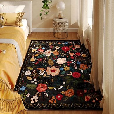 Boho Area Rug Washable, Low Pile, Non-Slip Floral