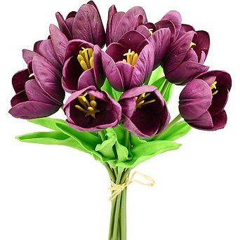 12 Grape Purple Artificial Tulips, Partially Open Faux Flowers, 13.5"