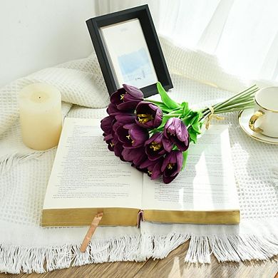 12 Grape Purple Artificial Tulips, Partially Open Faux Flowers, 13.5"