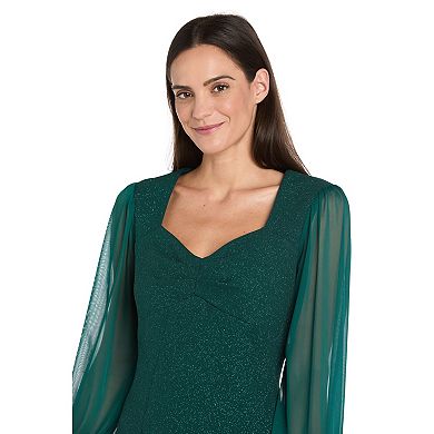 Petite R&M Richards Glitter Knit Sheath Dress with Sheer Chiffon Sleeves