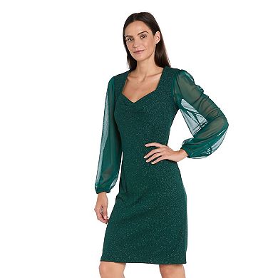 Petite R&M Richards Glitter Knit Sheath Dress with Sheer Chiffon Sleeves