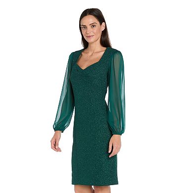 Petite R&M Richards Glitter Knit Sheath Dress with Sheer Chiffon Sleeves
