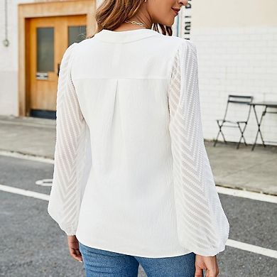 Women's Romantic V Neck Blouse Sheer Puff Sleeve Tops for Date Nights