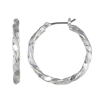 Nine West Silver Tone Texture Hoop Click-It Earrings