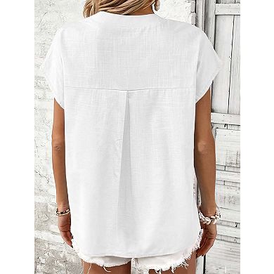 Women's Casual Cotton Linen V Neck Blouse Short Sleeve Button Down Solid Tops for Everyday Wear