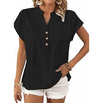 Women's Casual Cotton Linen V Neck Blouse Short Sleeve Button Down Solid Tops for Everyday Wear