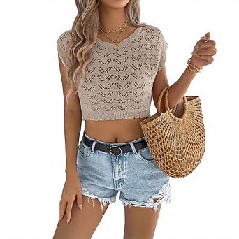 Women's LightWeight Short Sleeve Hollow Out Crop Knit Top Crew Neck Solid Color Sweater