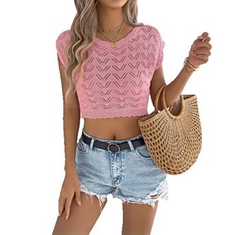 Women's LightWeight Short Sleeve Hollow Out Crop Knit Top Crew Neck Solid Color Sweater