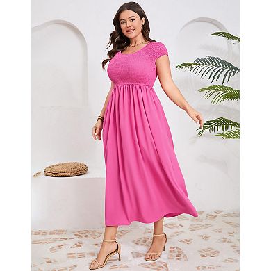 Women's Plus Size Crewneck Shirred Short Sleeve Swing Dress