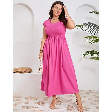 Women's Plus Size Crewneck Shirred Short Sleeve Swing Dress