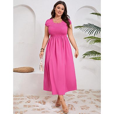 Women's Plus Size Crewneck Shirred Short Sleeve Swing Dress