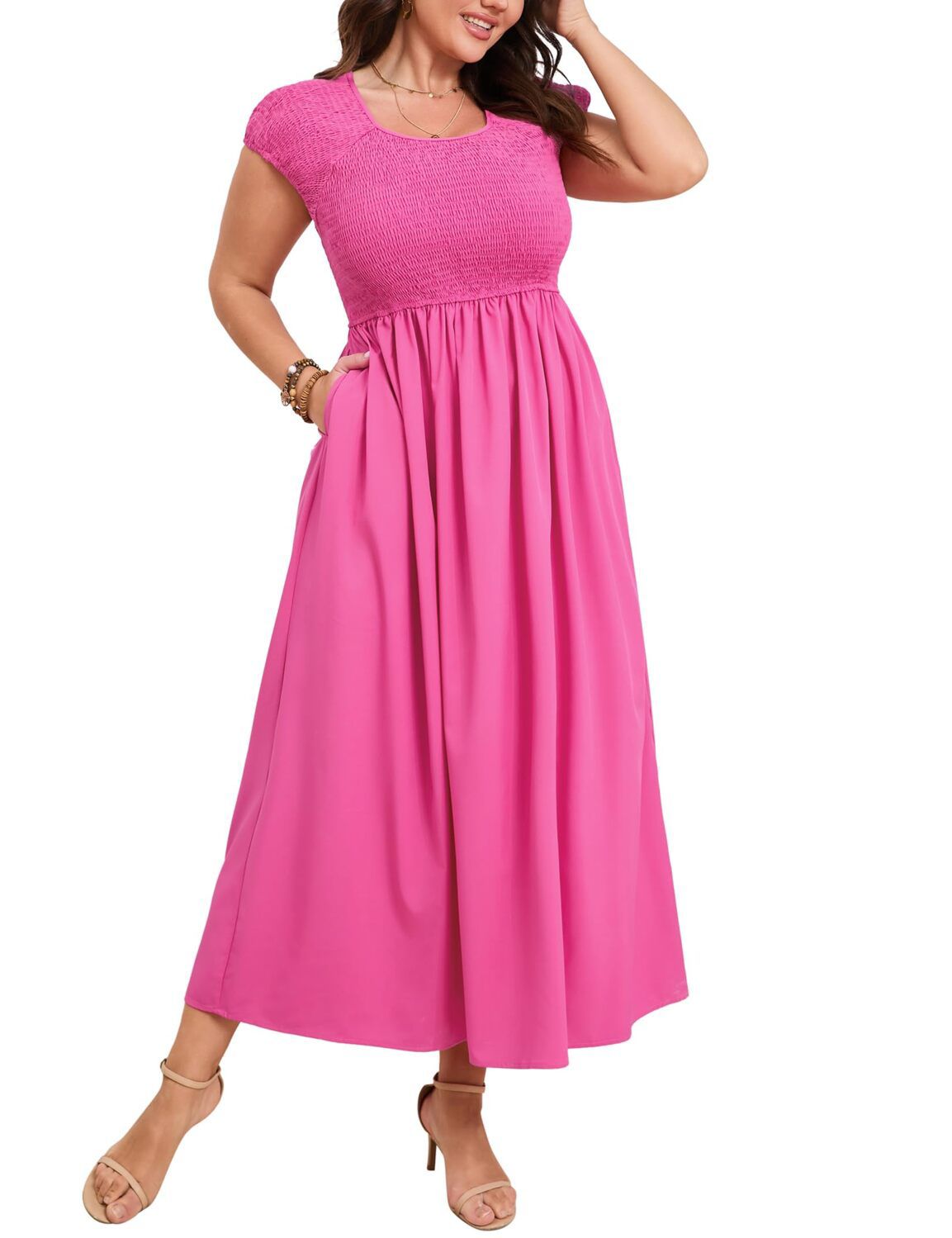 Женские платья Plus Size Crewneck Shirred Short Sleeve Swing Dress