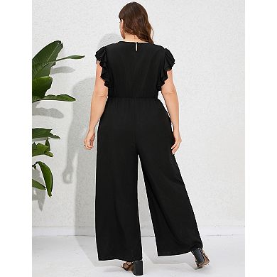 Women's Plus Size Wide Leg Short Sleeve Jumpsuit with Pockets