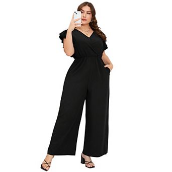 Women's Plus Size Wide Leg Short Sleeve Jumpsuit with Pockets