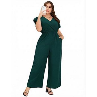 Women's Plus Size Wide Leg Short Sleeve Jumpsuit with Pockets