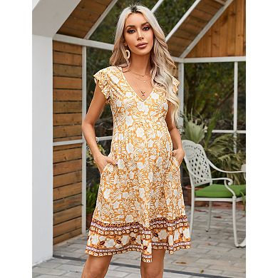 Women's Maternity V-Neck Babydoll Flutter Sleeve Ruffle Hem Midi Dress