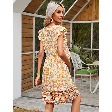 Women's Maternity V-Neck Babydoll Flutter Sleeve Ruffle Hem Midi Dress