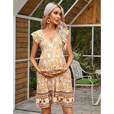 Women's Maternity V-Neck Babydoll Flutter Sleeve Ruffle Hem Midi Dress