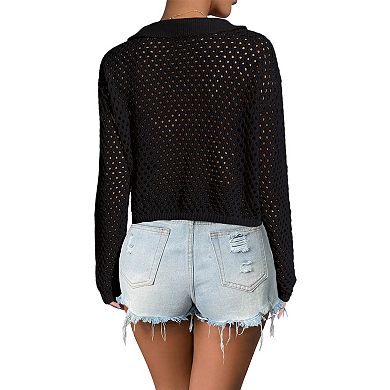Womens Tie Front Crochet Collared Cardigan Lightweight Mesh Eyelet Long Sleeve Summer Cover up