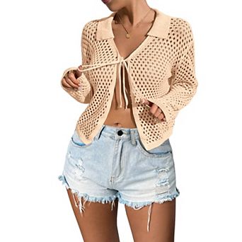 Womens Tie Front Crochet Collared Cardigan Lightweight Mesh Eyelet Long Sleeve Summer Cover up