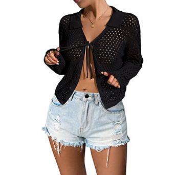 Womens Tie Front Crochet Collared Cardigan Lightweight Mesh Eyelet Long Sleeve Summer Cover up
