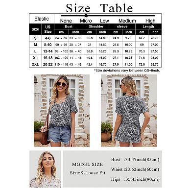 Women's Square Neck Short Sleeve Blouse with Ruffled Print