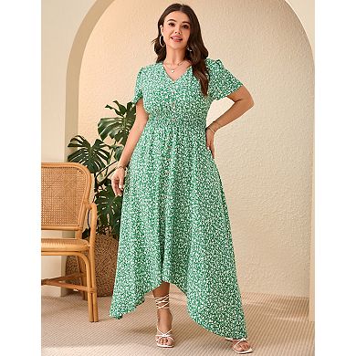 Women's Plus Size Flutter Short Sleeve V-Neck Midi Dress