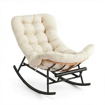 Oversized Papasan Style Rocking Chair with Footrest & Cushion, Modern Lounge Rocker for Living Room