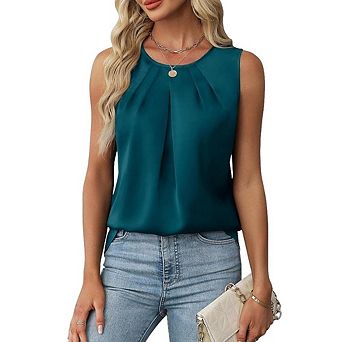 Women's Casual Satin Pleated Blouse Crew Neck Sleeveless Tops for Everyday Wear